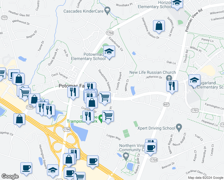 map of restaurants, bars, coffee shops, grocery stores, and more near 20942 Sandstone Square in Sterling
