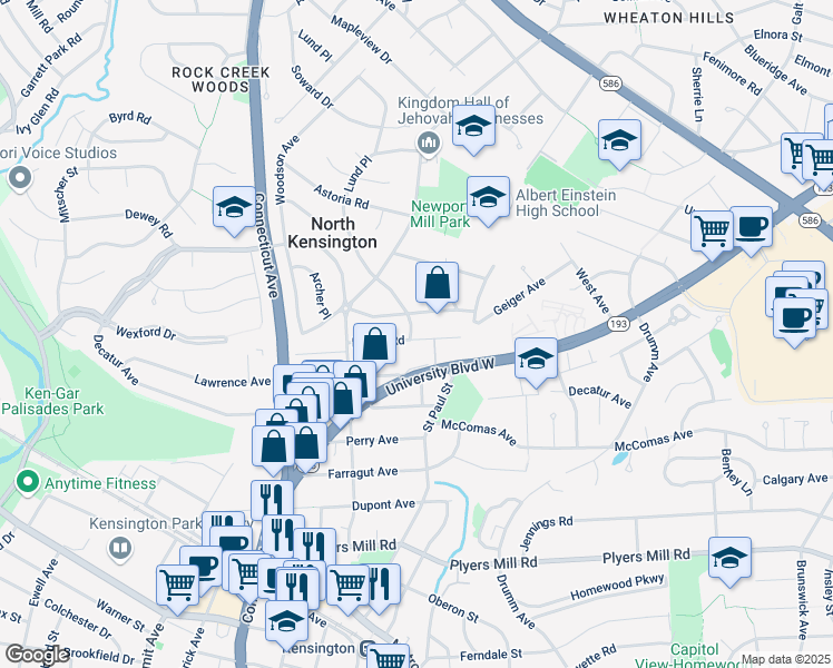 map of restaurants, bars, coffee shops, grocery stores, and more near 3423 Nimitz Road in Kensington