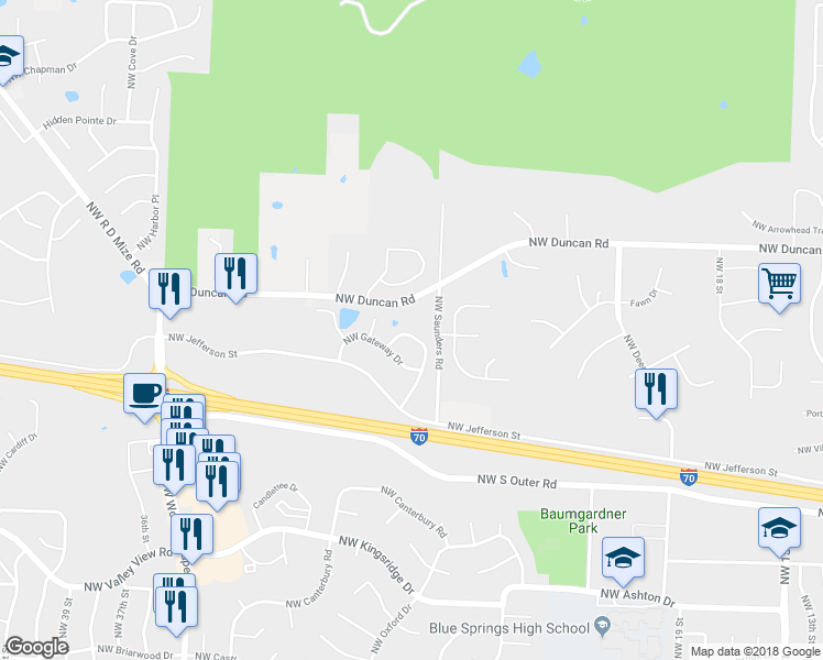map of restaurants, bars, coffee shops, grocery stores, and more near 1650 Northwest Garrett Drive in Blue Springs