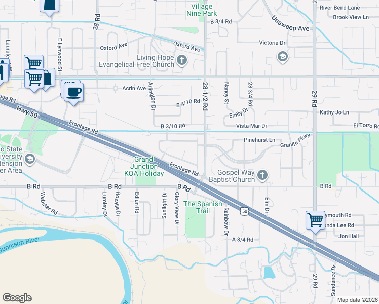 map of restaurants, bars, coffee shops, grocery stores, and more near 215 Monitor Mesa Court in Grand Junction