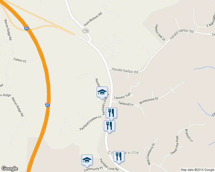 map of restaurants, bars, coffee shops, grocery stores, and more near 1346 Fairfield Loop Road in Crownsville
