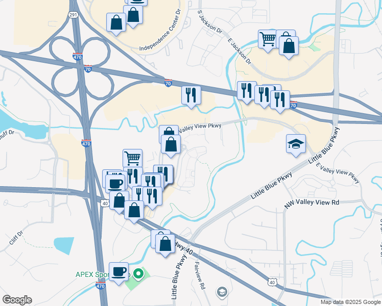 map of restaurants, bars, coffee shops, grocery stores, and more near 4631 South Eastland Center Drive in Independence