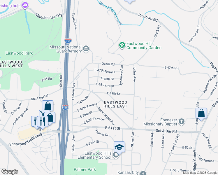 map of restaurants, bars, coffee shops, grocery stores, and more near 7809 East 48 Terrace in Kansas City