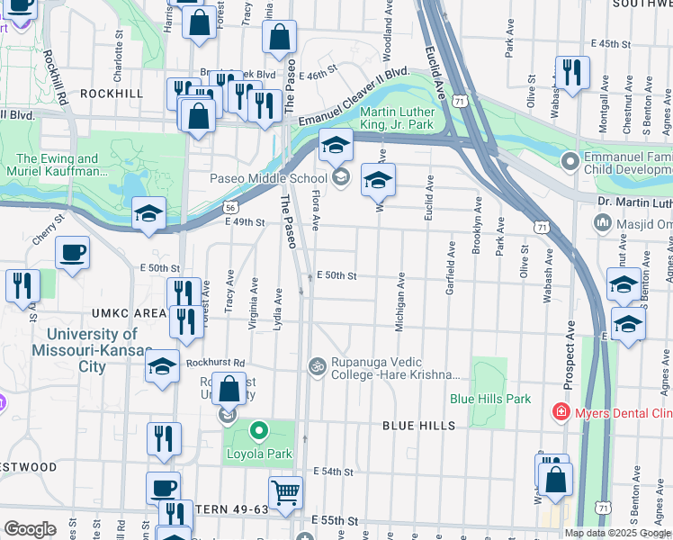 map of restaurants, bars, coffee shops, grocery stores, and more near 1522 East 50th Street in Kansas City
