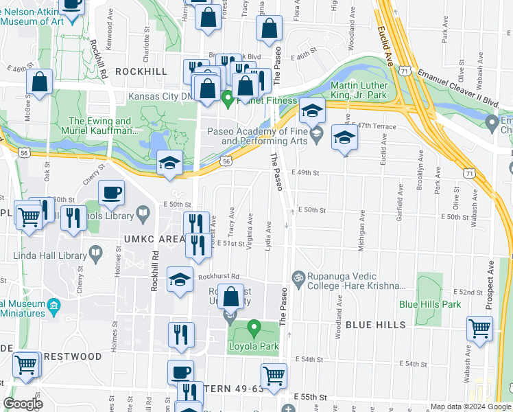 map of restaurants, bars, coffee shops, grocery stores, and more near 5000 Lydia Avenue in Kansas City