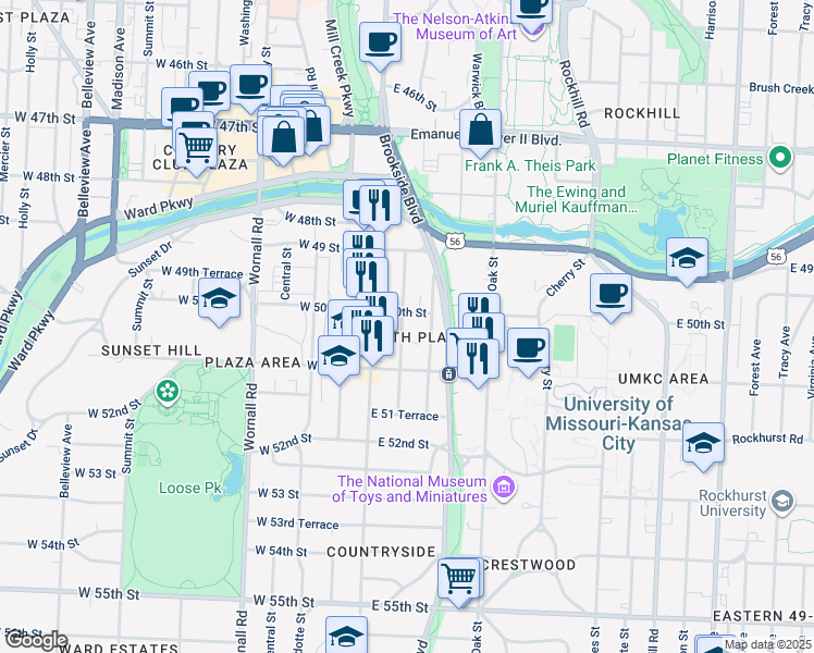 map of restaurants, bars, coffee shops, grocery stores, and more near 5017 Walnut Street in Kansas City