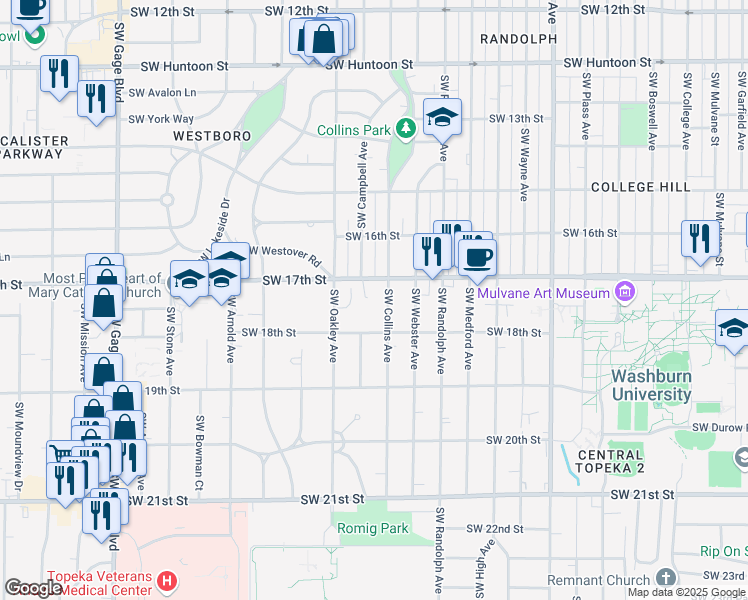 map of restaurants, bars, coffee shops, grocery stores, and more near 1735-1751 Southwest Collins Avenue in Topeka