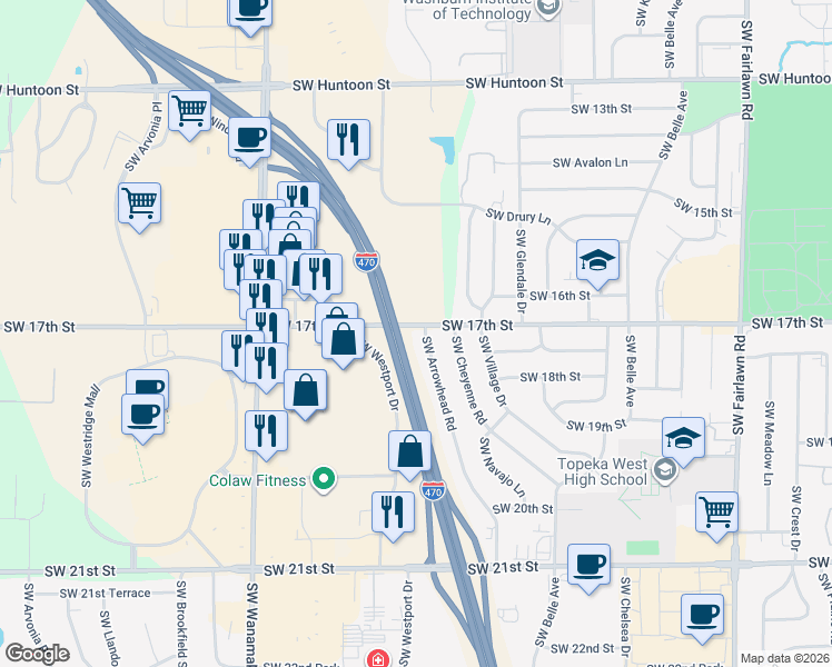 map of restaurants, bars, coffee shops, grocery stores, and more near 1706 Southwest Arrowhead Road in Topeka