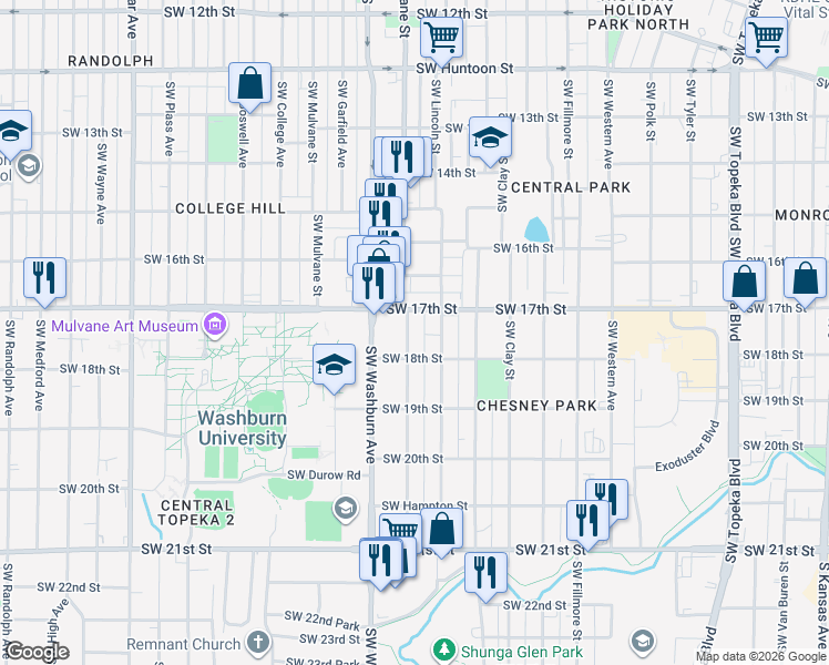 map of restaurants, bars, coffee shops, grocery stores, and more near 1719-1723 Southwest Lane Street in Topeka