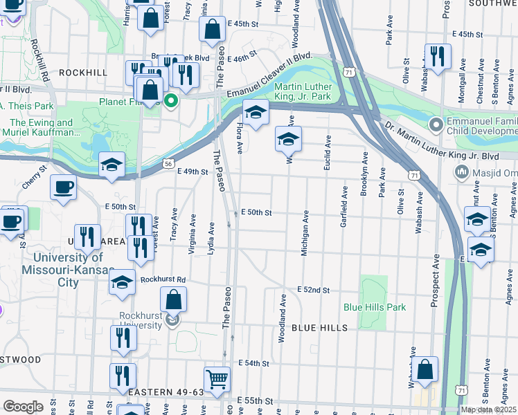 map of restaurants, bars, coffee shops, grocery stores, and more near 1526 East 50th Street in Kansas City