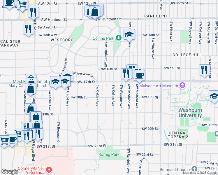 map of restaurants, bars, coffee shops, grocery stores, and more near 1701 Southwest Collins Avenue in Topeka