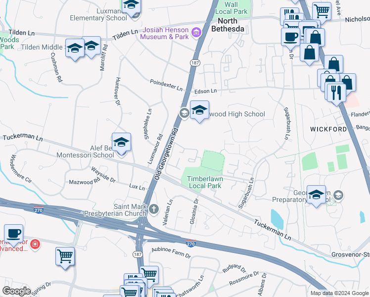 map of restaurants, bars, coffee shops, grocery stores, and more near 11130 Cedarwood Drive in North Bethesda