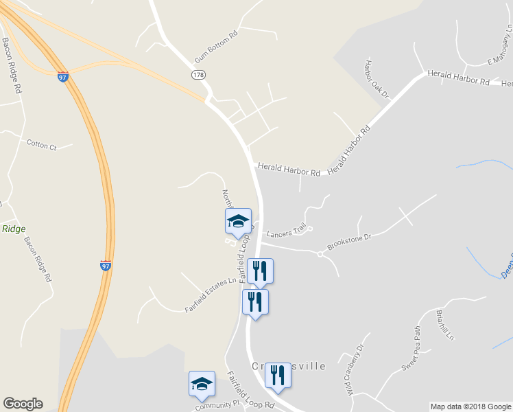 map of restaurants, bars, coffee shops, grocery stores, and more near 1256 Generals Highway in Crownsville