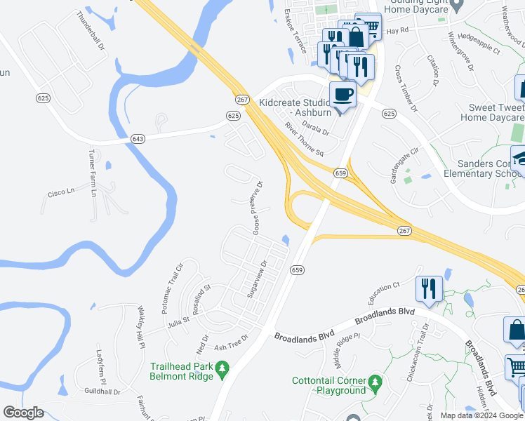 map of restaurants, bars, coffee shops, grocery stores, and more near Preece Lane in Ashburn