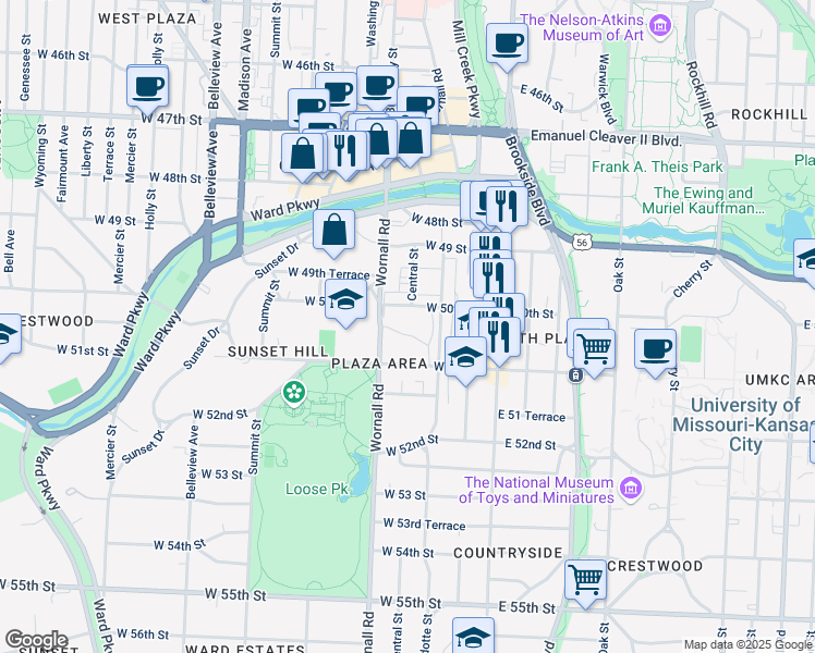 map of restaurants, bars, coffee shops, grocery stores, and more near 5049 Wornall Road in Kansas City