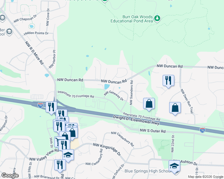map of restaurants, bars, coffee shops, grocery stores, and more near 1605 Northwest Samantha Court in Blue Springs