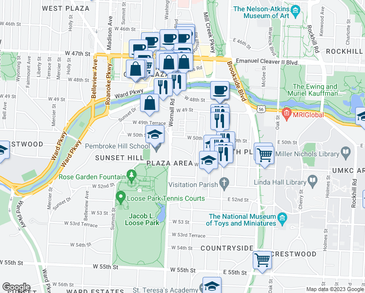 map of restaurants, bars, coffee shops, grocery stores, and more near 5049 Wornall Road in Kansas City