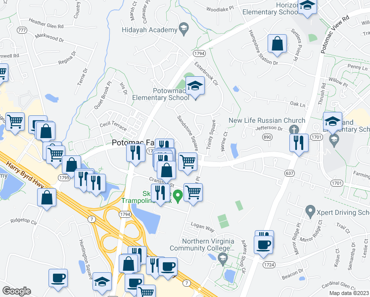 map of restaurants, bars, coffee shops, grocery stores, and more near 46342 Summerhill Place in Sterling