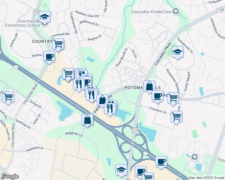 map of restaurants, bars, coffee shops, grocery stores, and more near 20936 Sandian Terrace in Sterling