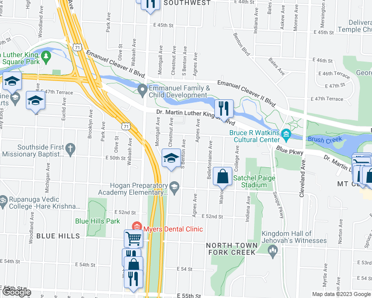 map of restaurants, bars, coffee shops, grocery stores, and more near 4927 South Benton Avenue in Kansas City