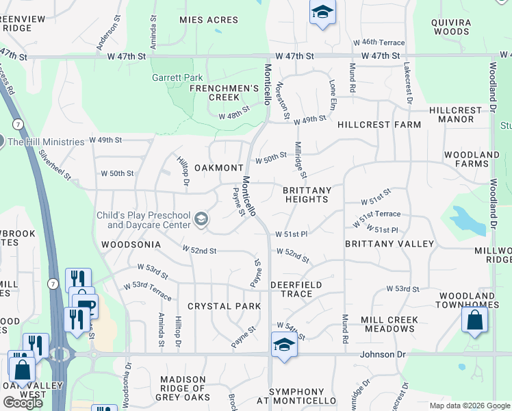 map of restaurants, bars, coffee shops, grocery stores, and more near 5129 Noreston Street in Shawnee