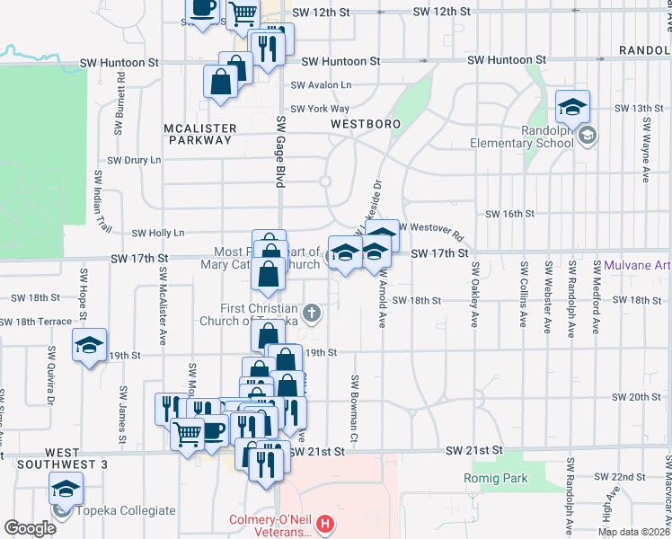 map of restaurants, bars, coffee shops, grocery stores, and more near 1750 Southwest Stone Avenue in Topeka
