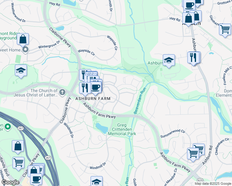 map of restaurants, bars, coffee shops, grocery stores, and more near 20960 Timber Ridge Terrace in Ashburn