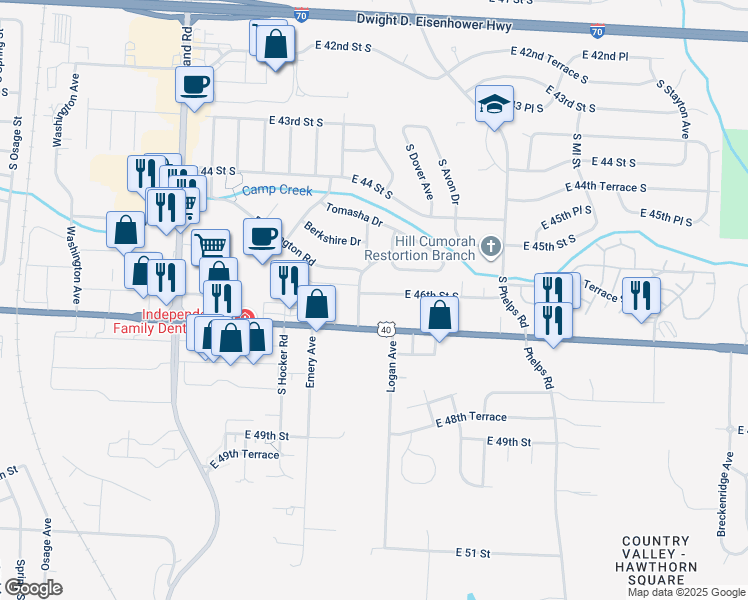 map of restaurants, bars, coffee shops, grocery stores, and more near 14711 East 46th Street South in Independence