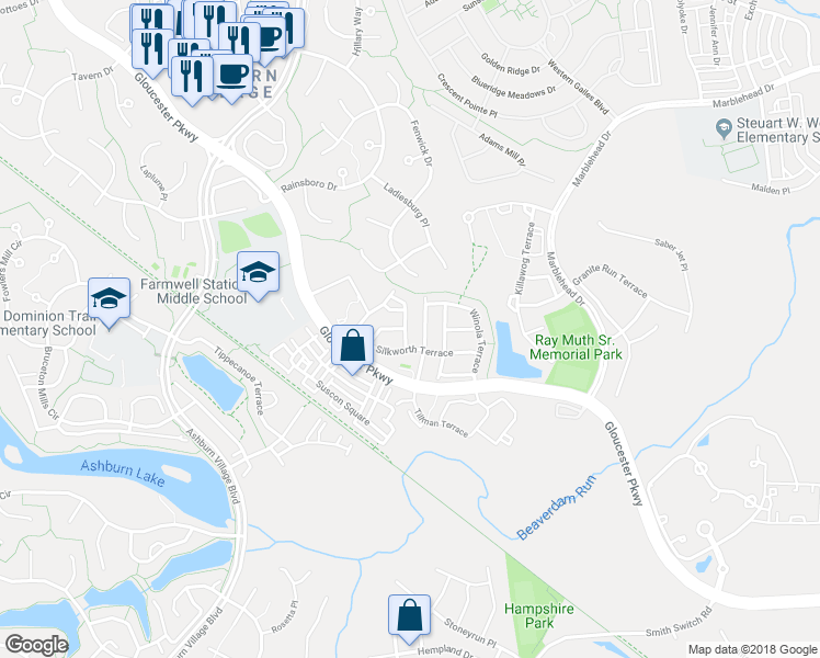 map of restaurants, bars, coffee shops, grocery stores, and more near 20950 Duryea Terrace in Ashburn