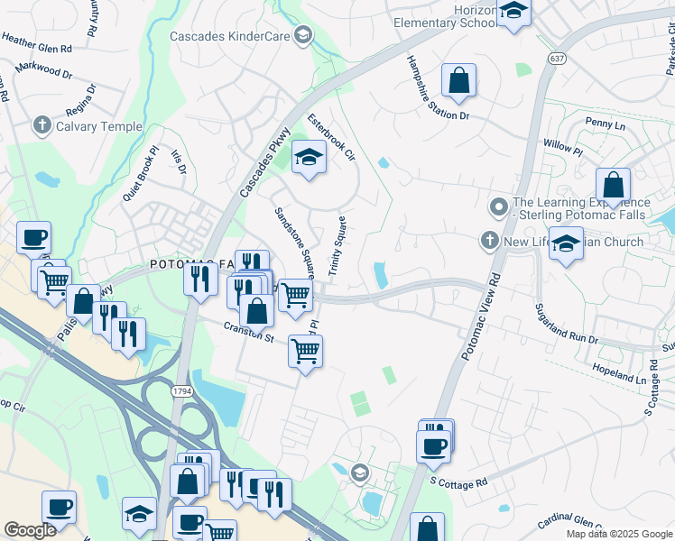 map of restaurants, bars, coffee shops, grocery stores, and more near 20922 Trinity Square in Sterling