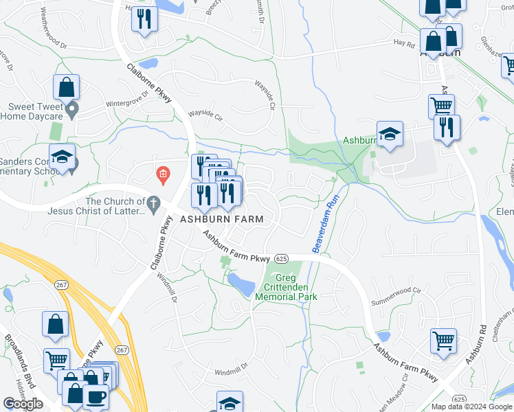 map of restaurants, bars, coffee shops, grocery stores, and more near 20957 Timber Ridge Terrace in Ashburn