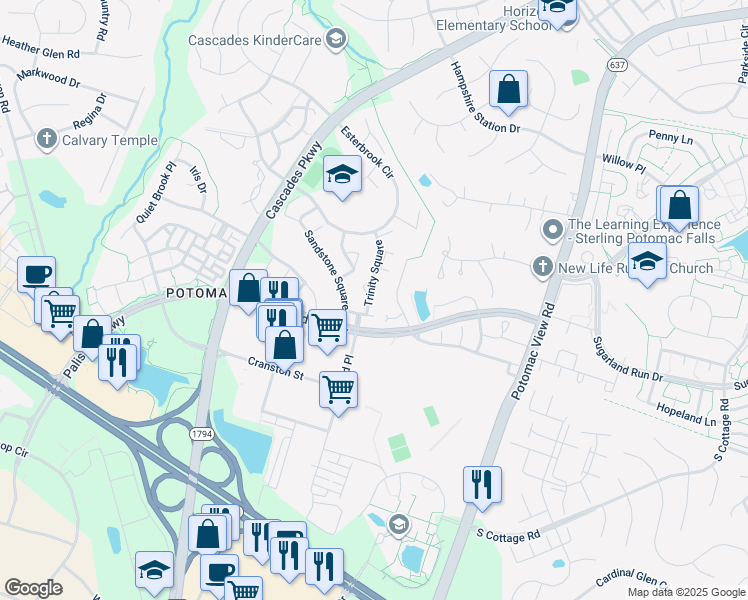 map of restaurants, bars, coffee shops, grocery stores, and more near 20922 Trinity Square in Sterling