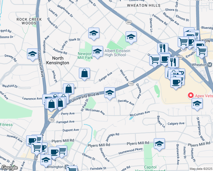 map of restaurants, bars, coffee shops, grocery stores, and more near in Kensington