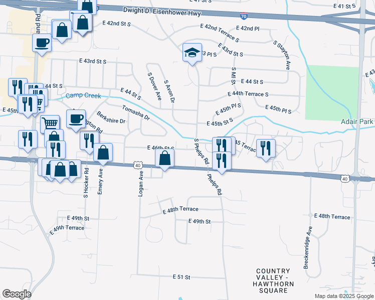 map of restaurants, bars, coffee shops, grocery stores, and more near 15109 East 46th Street South in Independence