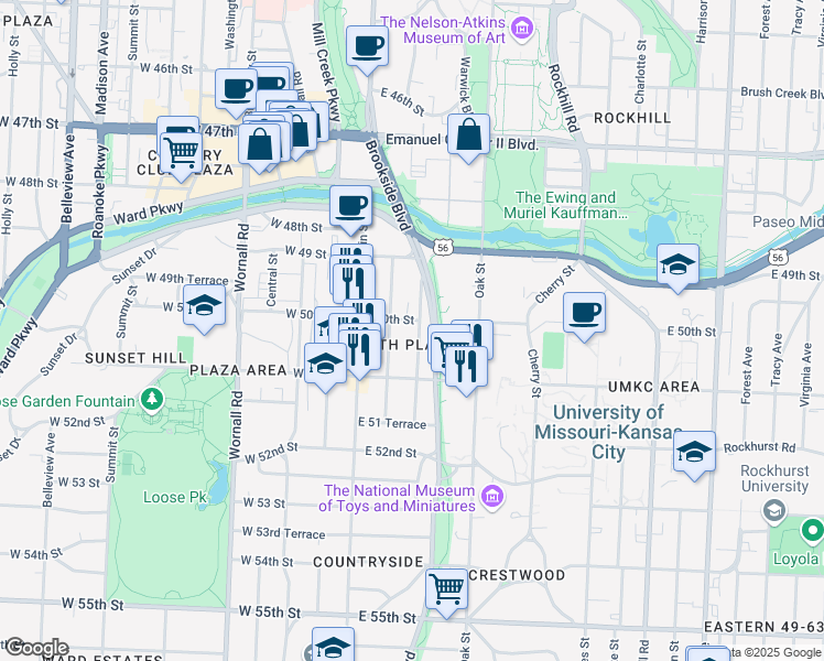 map of restaurants, bars, coffee shops, grocery stores, and more near 5017 Walnut Street in Kansas City