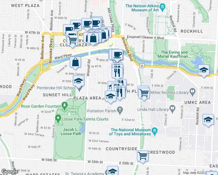 map of restaurants, bars, coffee shops, grocery stores, and more near 5018 Baltimore Avenue in Kansas City