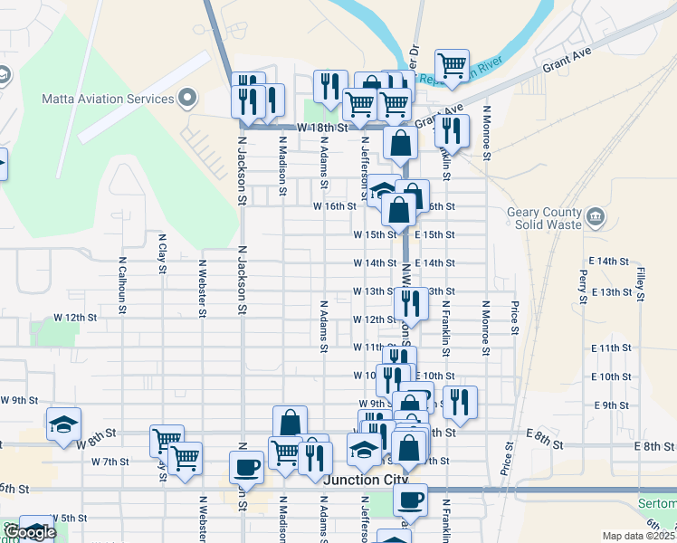 map of restaurants, bars, coffee shops, grocery stores, and more near 210 West 13th Street in Junction City