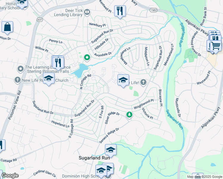 map of restaurants, bars, coffee shops, grocery stores, and more near 245 North Cottage Road in Sterling