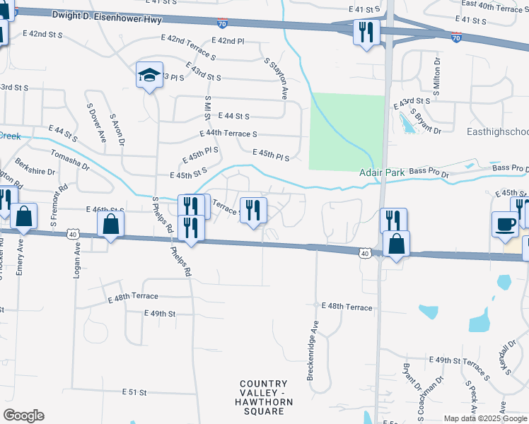 map of restaurants, bars, coffee shops, grocery stores, and more near 15709 East 46 Street South in Independence