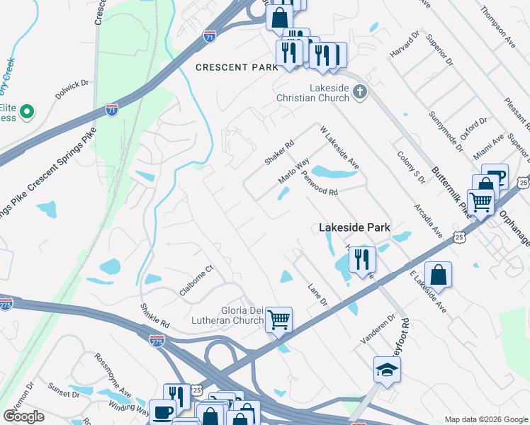 map of restaurants, bars, coffee shops, grocery stores, and more near Brittany Court in Lakeside Park
