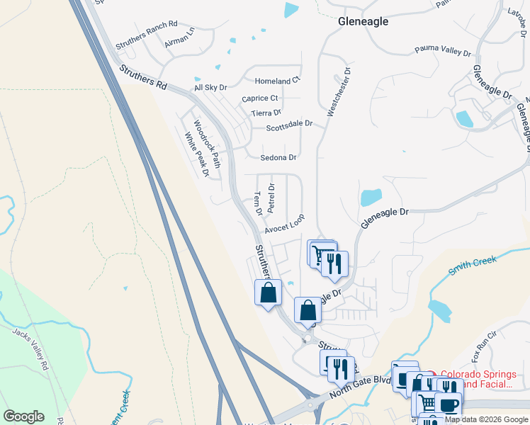 map of restaurants, bars, coffee shops, grocery stores, and more near 14125 Petrel Drive in Colorado Springs