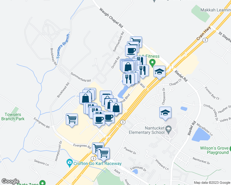 map of restaurants, bars, coffee shops, grocery stores, and more near 2605 Chapel Lake Drive in Gambrills