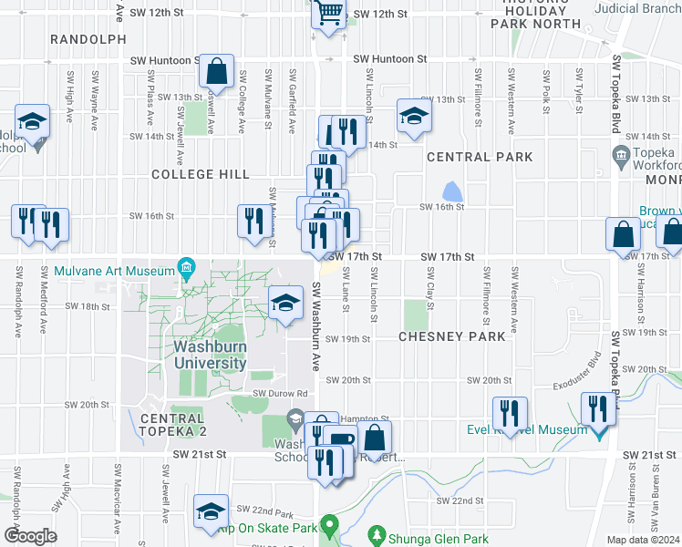 map of restaurants, bars, coffee shops, grocery stores, and more near 1719-1723 Southwest Lane Street in Topeka