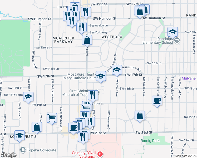 map of restaurants, bars, coffee shops, grocery stores, and more near 1750 Southwest Stone Avenue in Topeka