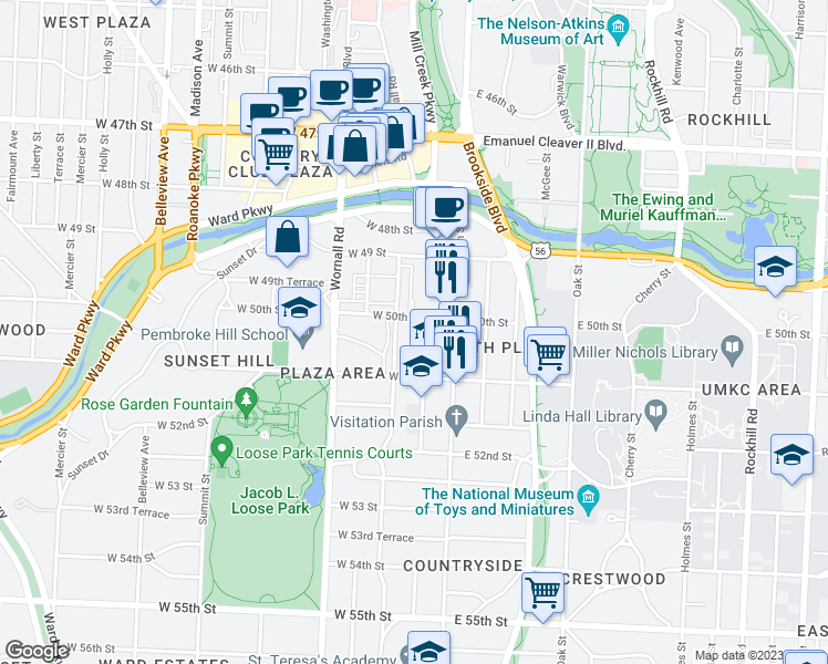 map of restaurants, bars, coffee shops, grocery stores, and more near 5018 Baltimore Avenue in Kansas City