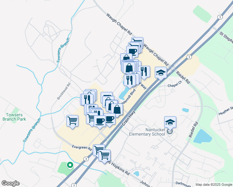 map of restaurants, bars, coffee shops, grocery stores, and more near 2605 Chapel Lake Drive in Gambrills