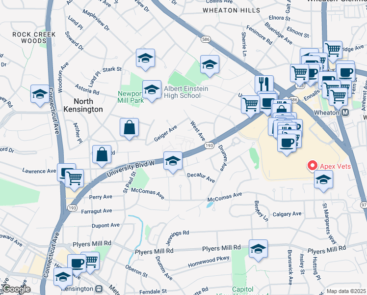 map of restaurants, bars, coffee shops, grocery stores, and more near 3127 University Boulevard West in Kensington