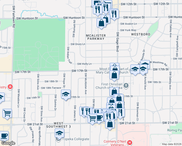 map of restaurants, bars, coffee shops, grocery stores, and more near 4334 Southwest 17th Terrace in Topeka