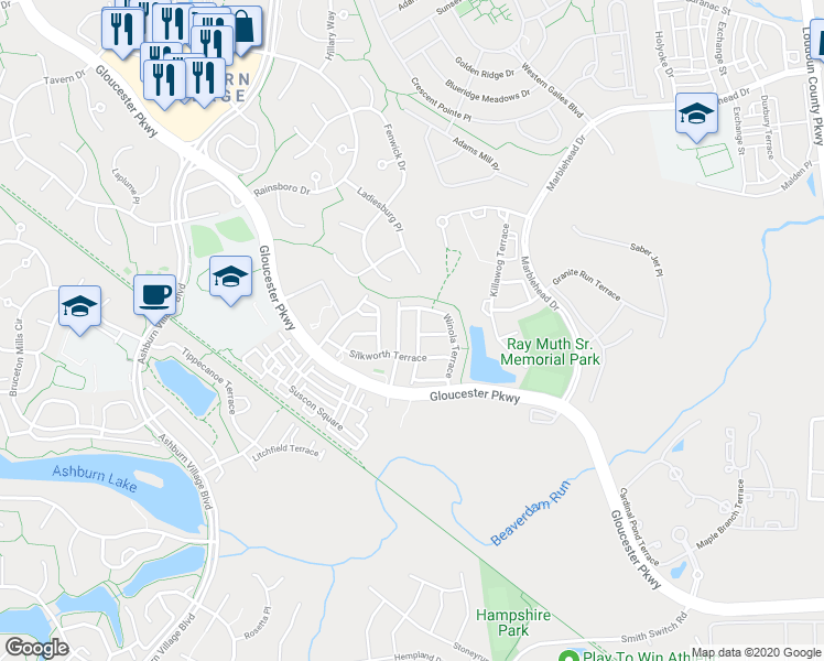 map of restaurants, bars, coffee shops, grocery stores, and more near 20951 Calais Terrace in Ashburn
