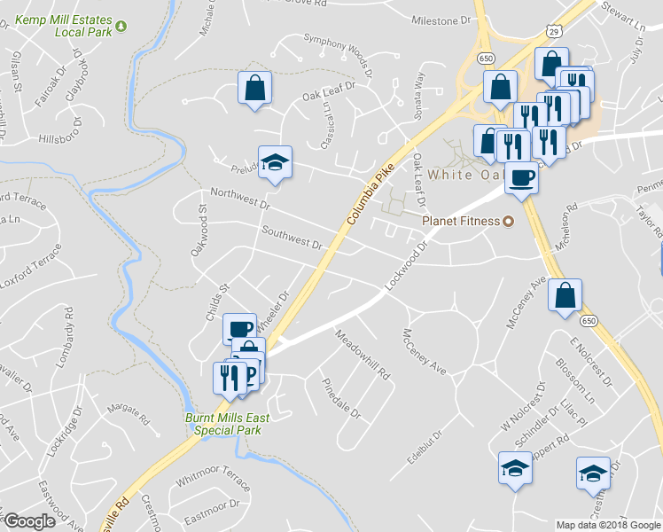 map of restaurants, bars, coffee shops, grocery stores, and more near 500 Burnt Mills Avenue in Silver Spring